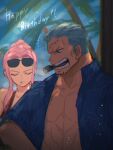  1boy 1girl bad_id bad_twitter_id cigar cigarette closed_eyes commentary eyewear_on_head hair_bun happy_birthday highres hina_(one_piece) muscular muscular_male mustache_stubble namagomi_(op_laaaaw_tan) one_piece open_clothes open_shirt pink_hair profile scar scar_on_face sidelocks smoker_(one_piece) symbol-only_commentary undercut upper_body 
