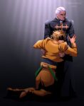  2boys absurdres black_eyes blonde_hair bracelet dark-skinned_male dark_skin dio_brando enrico_pucci epharedam highres hug jacket jewelry jojo_no_kimyou_na_bouken kneeling male_focus multiple_boys pants priest shaded_face stone_ocean white_hair yellow_jacket yellow_pants 