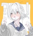  ! 1girl ? @_@ accelerator_(toaru_majutsu_no_index) albino androgynous blue_sailor_collar blush border bow cardigan collarbone confused electrodes flower grey_sweater hair_flower hair_ornament highres light_frown looking_to_the_side nose_blush open_cardigan open_clothes open_mouth pale_skin pixie_cut portrait red_eyes sailor_collar sanpaku shirt short_hair sidelocks sketch sleeves_past_wrists solo spoken_exclamation_mark spoken_question_mark suzushina_yuriko sweatdrop sweater toaru_majutsu_no_index very_long_sleeves white_background white_bow white_hair white_shirt yellow_border yellowbanded_or 