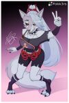  anthro canid canid_demon canine canis choker clothing collar demon female footwear fur fusion gesture hakuro_(onmyoji) hellhound helluva_boss hi_res jewelry looking_at_viewer loona_(helluva_boss) mammal necklace red_eyes socks solo v_sign white_body white_fur wolf 