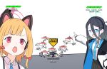  3girls :o animal_ear_headphones animal_ears aris_(blue_archive) arrow_(symbol) bird black_hair black_skirt blonde_hair blue_archive blue_eyes blue_necktie bow call_of_duty call_of_duty:_black_ops cat_ear_headphones chibi commentary english_commentary fake_animal_ears gameplay_mechanics green_halo hair_between_eyes halo hand_up headphones heads-up_display highres jacket long_hair long_sleeves looking_at_viewer low_tied_sidelocks lying meme miyu_(blue_archive) momoi_(blue_archive) multiple_girls necktie on_stomach open_clothes open_jacket open_mouth outstretched_arm pink_halo pleated_skirt pointing pointing_at_another sandals sandals_removed seagull shirt simple_background skirt teeth two_soyjaks_pointing_(meme) upper_body upper_teeth_only very_long_hair white_background white_shirt xandier59 