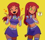  &gt;_&lt; 1girl :d ? ^_^ belt breasts closed_eyes colored_skin commentary dc_comics green_eyes long_hair looking_at_viewer marreeps midriff navel open_mouth orange_skin red_hair skirt smile spoken_question_mark starfire symbol-only_commentary teen_titans thighhighs xd yellow_background 