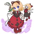  2girls black_shirt blonde_hair blue_eyes bow bright_pupils closed_mouth detached_wings doll_joints flower full_body hair_bow hair_ribbon joints lily_of_the_valley looking_at_viewer medicine_melancholy multiple_girls parody puyopuyo red_bow red_footwear red_ribbon red_skirt ribbon ribbon-trimmed_skirt ribbon_trim shinmon_akika shirt short_hair short_sleeves skirt smile style_parody su-san white_pupils wings 
