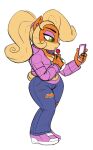  2023 activision anthro blonde_hair bottomwear breasts candy cellphone clothing coco_bandicoot crash_bandicoot_(series) denim denim_clothing dessert eyeshadow female food footwear green_eyes hair half-closed_eyes hi_res holding_object holding_phone jeans lollipop long_hair makeup mammal marsupial narrowed_eyes omegasunburst pants phone ponytail shoes simple_background solo torn_bottomwear torn_clothing torn_jeans torn_pants white_background 