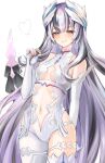  1girl bare_shoulders black_hair breasts center_opening cleavage clothing_cutout elbow_gloves feather_hair_ornament feathers fingerless_gloves fire_emblem fire_emblem:_three_houses fire_emblem_engage gloves grey_hair hair_ornament highres kronya_(fire_emblem) leotard long_hair looking_at_viewer multicolored_hair navel navel_cutout osiri_siri_siri petite purple_eyes revealing_clothes smile solo thighhighs two-tone_hair very_long_hair veyle_(fire_emblem) wavy_hair 