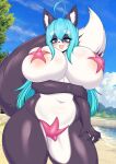  anthro big_breasts black_body blue_eyes blue_hair blush breasts female fluffy fluffy_tail hair hi_res mammal open_mouth outside solo tail tailzkim 