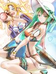  2girls ? alternate_costume bikini blonde_hair blue_eyes blush camera clear_glass_(mildmild1311) fire_emblem fire_emblem:_radiant_dawn green_eyes green_hair hat headband heather_(fire_emblem) looking_at_viewer multiple_girls nephenee_(fire_emblem) open_mouth orange_bikini sitting sun_hat swimsuit white_bikini yuri 