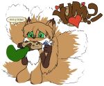  anthro averi_(fiddleafox) brown_body brown_fur canid canine cookie dipstick_tail disembodied_hand english_text female female_anthro food fox fur gloves_(marking) green_eyes hair kneeling leg_markings mammal markings socks_(marking) solo tail tail_markings text unknown_artist white_body white_fur 