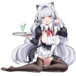  1girl animal_ear_fluff animal_ears apron aruvina_(gu_luco) black_skirt black_thighhighs blush bow bowtie breasts cat_ears center_frills commentary_request detached_sleeves frilled_apron frills grey_hair gu_luco hair_intakes hands_up highres holding holding_tray juliet_sleeves large_breasts long_hair long_sleeves looking_at_viewer maid_apron maid_headdress open_mouth original panties paw_pose puffy_sleeves red_bow red_bowtie red_eyes shirt sideboob sideless_outfit sideless_shirt simple_background sitting skindentation skirt smile soles solo thighhighs tray twintails underwear very_long_hair waist_apron white_apron white_background white_headdress white_headwear white_panties white_shirt yokozuwari 