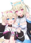  2girls absurdres animal_ear_fluff animal_ears black_jacket blonde_hair blue_hair blue_nails breasts cropped_shirt dog_ears dog_girl fur-trimmed_jacket fur_trim fuwawa_abyssgard hair_ornament headphones headphones_around_neck highres holding_hands hololive hololive_english ineka_ka jacket large_breasts long_hair looking_at_viewer medium_hair mococo_abyssgard multicolored_hair multiple_girls open_mouth pink_hair pink_nails shirt siblings sisters small_breasts smile streaked_hair twins virtual_youtuber white_shirt x_hair_ornament 