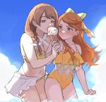  2girls alternate_costume bikini blue_sky blush braid breasts brown_hair cleavage eating etie_(fire_emblem) fire_emblem fire_emblem_engage food goldmary_(fire_emblem) hair_ribbon holding holding_food ice_cream implied_yuri large_breasts long_hair midriff multiple_girls navel one-piece_swimsuit orange_hair ribbon side_braid sky swimsuit tencryingemojis yellow_bikini yellow_one-piece_swimsuit 