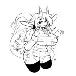  anthro big_breasts breasts clothing dragon dress_shirt ear_piercing ear_ring female fluffy fluffy_tail hair horn jet_(jund_wabbit) jinx_doodle legwear long_ears long_hair long_tail messy_hair necktie piercing ring_piercing shirt sketch solo sweater tail thick_thighs thigh_highs topwear 