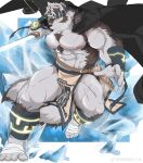  1boy abs absurdres ainu_clothes animal_ears artist_request bara bulge chest_hair fighting_stance furry furry_male grey_fur grey_hair headband highres holding holding_sword holding_weapon horkeu_kamui large_pectorals looking_at_viewer male_focus muscular muscular_male navel nipples pectorals short_hair solo strongman_waist sword tail thick_eyebrows thick_thighs thighs tokyo_afterschool_summoners two-tone_fur weapon white_fur wolf_boy wolf_ears yellow_eyes 