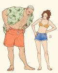  1boy 1girl aaron_gruber_(o_natsuo88) abs age_difference arm_hair bara bare_pectorals barefoot bikini bikini_top_only blue_eyes brown_hair chest_hair commentary_request cutoff_jeans cutoffs facial_hair green_eyes grey_hair hairy hands_on_own_hips hawaiian_shirt height_difference highres looking_down madison_(o_natsuo88) male_swimwear mature_male medium_hair muscular muscular_male mustache navel_hair o_natsuo88 old old_man open_clothes open_shirt original pectorals pout shirt short_hair swim_trunks swimsuit wide_ponytail yellow_background 