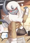  2023 absol absurd_res anthro artist_name clothed clothing cuff_(restraint) female generation_3_pokemon hair hi_res holding_object legwear looking_at_viewer lute_(zinfyu) nintendo open_mouth paper pen pokemon pokemon_(species) red_eyes restraints solo tail topwear white_hair wrist_cuffs zinfyu 