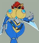  anthro archie_comics big_breasts blade blue_eyes blue_nipples breasts brown_body brown_hair chipmunk female ground_squirrel hair hi_res huge_breasts imric1251 machine mammal nipples red_hair robot rodent sally_acorn sciurid sega simple_background smile solo sonic_the_hedgehog_(archie) sonic_the_hedgehog_(comics) sonic_the_hedgehog_(series) 