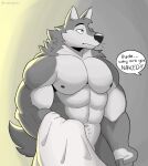  2023 abs anthro barazoku biceps biped black_nose canid canine canis convenient_censorship digital_media_(artwork) english_text eyebrows hi_res male mammal muscular muscular_anthro muscular_male navel nipples nude offscreen_character pecs ruffus_(ruffusbleu) ruffusbleu solo speech_bubble talking_to_another text wolf 