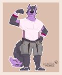  absurd_res armband belt bottomwear canid canine canis clothed clothing flexing footwear hi_res male mammal muscular sandals scritchworks shorts tall wolf 