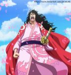  1boy black_hair cape clenched_hand cloud deviantart_username falling_petals holding holding_weapon japanese_clothes jmc katana long_hair momonosuke_(one_piece) moon_(symbol) one_piece open_mouth petals sky solo sword traditional_clothes weapon web_address 