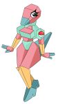  anthro armwear big_breasts black_eyes breasts clothing cubicle female generation_1_pokemon hi_res legwear nintendo pink_body pokeball pokemon pokemon_(species) porygon shirt simple_background solo tail topwear underwear urusee584 white_background 