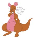  2023 animate_inanimate anthro brown_body dialogue disney english_text female full-length_portrait hand_on_face hi_res kanga kangaroo living_plushie macropod mammal marsupial mature_female mhdrawin nude open_mouth open_smile plushie portrait pouch_(anatomy) simple_background smile solo standing text white_background winnie_the_pooh_(franchise) 