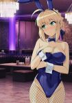  1girl ahoge animal_ears artoria_pendragon_(fate) ass_visible_through_thighs bare_shoulders blonde_hair blue_leotard blush bow bowtie breasts covered_navel detached_collar fake_animal_ears fate/grand_order fate/stay_night fate_(series) fishnet_pantyhose fishnets green_eyes hair_between_eyes haruhisky highleg highleg_leotard highres large_breasts leotard long_hair looking_away pantyhose playboy_bunny rabbit_ears ribbon saber sidelocks solo strapless strapless_leotard sweat thigh_gap traditional_bowtie wrist_cuffs 