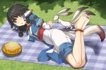  1girl ainu_clothes animal_ears arms_behind_back aruruw barefoot bdsm black_hair bondage bound bound_ankles bound_arms bound_wrists brown_eyes haimei1980 hair_tubes hogtie layered_sleeves looking_at_viewer restrained shibari solo tail toes utawarerumono utawarerumono:_itsuwari_no_kamen 