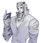  1boy absurdres animal_ears arknights artist_request bara bespectacled furry furry_male glasses highres male_focus mountain_(arknights) mountain_(book_reader)_(arknights) muscular muscular_male pectorals round_eyewear scar scar_across_eye scar_on_arm short_hair sketch solo thick_eyebrows tiger_boy tiger_ears upper_body white_hair 