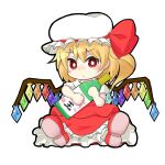  1girl aru_(aru-dokuo) blonde_hair bottle bow chibi closed_mouth crystal flandre_scarlet full_body glass_bottle hat hat_bow hat_ribbon highres holding holding_bottle looking_at_viewer mob_cap multicolored_wings one_side_up pout puffy_short_sleeves puffy_sleeves red_bow red_eyes red_footwear red_ribbon red_skirt red_vest ribbon sake_bottle shirt shoe_soles short_sleeves simple_background skirt skirt_set socks solo touhou vest white_background white_headwear white_shirt white_socks wings 