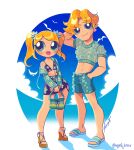  1boy 1girl bag bikini bird blonde_hair blue_eyes blue_footwear blue_shorts boomer_(ppg) bubbles_(ppg) cloud covered_nipples egitojuniior floral_print flying full_body height_difference highres holding holding_bag looking_at_viewer looking_to_the_side navel nipples powerpuff_girls sandals seagull shorts signature simple_background skirt smile standing swimsuit thick_lips twintails 