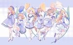  6+girls :d :o ballet_slippers beret blonde_hair bow braid butterfly_wings crossed_legs dress flower from_behind full_body hair_bow hat hat_bow head_scarf hidari_(nanmu-left) highres holding holding_flower leg_ribbon leg_up long_hair long_sleeves looking_at_viewer looking_back looking_to_the_side medium_hair multiple_girls one_side_up original oversized_flower profile puffy_long_sleeves puffy_sleeves purple_background purple_bow purple_dress purple_eyes purple_flower purple_headwear purple_ribbon ribbon short_hair single_braid sitting smile tiptoes tulip very_long_hair watson_cross white_flower wings yellow_flower 