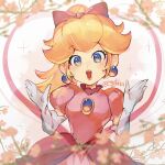  1girl :d absurdres blonde_hair blue_eyes blurry blurry_foreground blush bow commentary_request depth_of_field dress earrings elbow_gloves eyelashes flower flower_request gem gloves hair_between_eyes hair_bow hanaon hands_up heart high_ponytail highres jewelry lips long_hair looking_at_viewer mario_(series) open_mouth pink_bow pink_dress pink_flower plant ponytail princess_peach puffy_short_sleeves puffy_sleeves short_sleeves sidelocks simple_background smile solo sparkle sphere_earrings untitled_princess_peach_game white_background white_gloves 