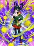  1girl armlet belt black_eyes black_hair black_thighhighs chinese_clothes dragon_ball full_body green_shirt hair_ornament hair_rings holding holding_paper ofuda open_mouth paper red_footwear shirt single_bare_shoulder solo thighhighs yellow_belt yurin_(dragon_ball) 