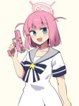  1girl 1other :d absurdres aged_up blue_archive blue_eyes blunt_bangs bocchi_the_rock! commentary english_commentary glock gotou_futari gotou_hitori gun halo handgun highres hinghoi holding holding_gun holding_weapon looking_at_viewer medium_hair objectification open_mouth pink_hair pun school_uniform serafuku short_hair short_sleeves sidelocks simple_background smile solo_focus standing weapon 