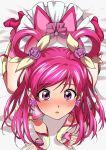  1girl all_fours back_bow bed_sheet blush boots bow cure_dream dot_nose earrings fingerless_gloves flower full_body gloves hair_flower hair_ornament hair_rings highres jewelry knee_boots long_hair looking_at_viewer magical_girl parted_lips pink_flower pink_footwear pink_hair pink_rose precure pukara purple_eyes rose skirt solo white_skirt yes!_precure_5 yes!_precure_5_gogo! yumehara_nozomi 