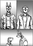  2023 anthro canid canine canis clothed clothing comic daniel_porter dobermann domestic_dog duo eye_contact eyewear father_(lore) father_and_child_(lore) father_and_son_(lore) greyscale hi_res hladilnik looking_at_another looking_down_at_another looking_up_at_another male mammal monochrome parent_(lore) parent_and_child_(lore) parent_and_son_(lore) pinscher size_difference sleeveless_shirt son_(lore) sunglasses 