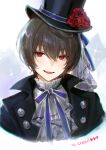  1boy absurdres adelie_cat ascot bangs black_hair black_headwear black_jacket cropped_torso ensemble_stars! fangs flower flower_hat grey_ascot hair_between_eyes hat heart highres jacket male_focus neck_ribbon open_mouth purple_ribbon red_eyes red_flower ribbon sakuma_ritsu see-through shirt short_hair solo teeth top_hat upper_body upper_teeth_only white_shirt 