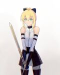  1girl ahoge armor artoria_pendragon_(fate) bare_shoulders black_armor blonde_hair blue_gloves bow bowtie facing_viewer fate/grand_order fate_(series) gloves green_eyes hair_between_eyes hair_ornament holding holding_sword holding_weapon lilyaholmes medium_hair off-shoulder_shirt off_shoulder saber_lily shirt simple_background solo standing sword weapon white_background white_shirt 