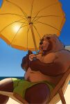  2023 alcohol anthro barazoku barely_visible_nipples beach beach_chair bear beer belly beverage beverage_can biceps big_bulge big_muscles braided_fur bulge can chair clothed clothing container day deltoids detailed_bulge eyebrows fur furniture hi_res holding_beverage holding_can holding_container holding_object huge_bulge huge_muscles licking licking_lips licking_own_lips male mammal mickey_the_retriever musclegut muscular muscular_anthro muscular_male narrowed_eyes navel nipples open_mouth open_smile outside pabst_blue_ribbon pecs relaxing sand seaside sitting sky smile solo summer sun swimming_trunks swimwear teeth thick_thighs tongue tongue_out topless topless_anthro topless_male tuft umbrella water 