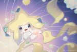  :d cheek_squash commentary_request hands_up jirachi nako_(nekono_shippo75) no_humans open_mouth pokemon pokemon_(creature) smile solo space tongue watermark 