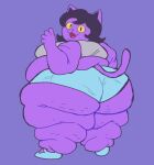  anthro aquamix belly big_butt black_hair breasts butt catty_(undertale) cellulite clothed clothing domestic_cat eyelashes fangs fat_arms fat_legs fat_rolls felid feline felis female fur hair looking_at_viewer mammal obese obese_anthro obese_female open_mouth overweight overweight_anthro overweight_female purple_body purple_fur purple_tail side_belly side_boob solo tail teeth undertale_(series) yellow_sclera 