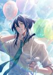  1boy aiue_o_eiua aqua_eyes balloon blue_hair blue_sky cloud collared_shirt commentary_request dated english_text green_necktie grin hand_on_own_neck happy happy_birthday head_tilt highres holding holding_balloon idolish7 long_hair looking_at_viewer male_focus necktie oogami_banri outdoors ponytail rainbow shirt sidelocks sky sleeves_rolled_up smile solo teeth white_shirt 