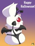  2023 anthro artist_logo black_clothing black_panties black_underwear blush butt clothing fake_horns fake_tail fake_wings female fur gradient_background happy_halloween hi_res jewelpet jewelry lagomorph leporid logo mammal necklace panties pichu90 rabbit red_eyes ruby_(jewelpet) sanrio semi-anthro simple_background solo spade_tail tail underwear white_body white_fur wide_hips 