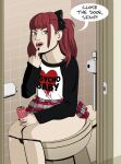  angry black_panties clothes_lift heart itou_maki_(wrestler) kirakiraoi1 middle_finger monster_energy panties panty_pull plaid plaid_skirt raglan_sleeves red_hair skirt skirt_lift toilet toilet_paper toilet_use twintails underwear 