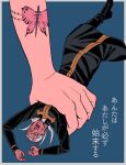  1boy 1girl arm_tattoo blood blood_from_mouth blood_on_face butterfly_tattoo commentary_request dark-skinned_male dark_skin enrico_pucci hage_tashuumi jojo_no_kimyou_na_bouken kujo_jolyne long_sideburns miniboy open_mouth priest sideburns stone_ocean tattoo translation_request white_hair 