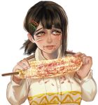  1girl black_hair brown_eyes chainsaw_man corn crying crying_with_eyes_open elote_(food) food food_on_face hair_ornament hairclip higashiyama_kobeni highres holding holding_food kimy_list mexico mixed-language_commentary mole mole_on_cheek mole_under_eye mole_under_mouth multiple_moles short_ponytail signature simple_background single_sidelock solo spanish_commentary tears upper_body white_background 