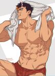  1boy abs bara black_hair collarbone copyright_request feet_out_of_frame male_focus male_swimwear muscular muscular_male nipples orange_eyes parted_lips pectorals red_male_swimwear short_hair smoke_trail smoking solo upper_body white_background white_towel yan_(bltyann) 