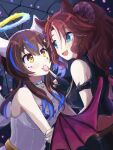  2girls angel_and_devil animal_ears bare_shoulders black_gloves blush breasts brown_hair choker commentary_request daitaku_helios_(devil_in_the_moonlight)_(umamusume) daitaku_helios_(umamusume) dress ear_covers fake_halo fang feeding fingerless_gloves food gloves green_eyes hair_ornament hairband hairclip halo highres horns horse_ears horse_girl long_hair marshmallow medium_breasts mejiro_palmer_(devil_in_the_moonlight)_(umamusume) mejiro_palmer_(umamusume) multicolored_hair multiple_girls official_alternate_costume open_mouth ponytail sangria_(sangria69) skin_fang small_breasts strapless strapless_dress streaked_hair umamusume upper_body vest white_dress wings yellow_eyes yuri 