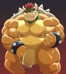  2_horns accessories_only accessory analon_(artist) anthro ara_chibi balls belly biceps big_biceps big_muscles big_penis bowser bracelet bracelet_only claws eyebrows fist flaccid flexing flexing_bicep foreskin genitals hair hand_on_leg hand_on_thigh hi_res horn humanoid_genitalia humanoid_penis jewelry koopa looking_at_viewer male mario_bros musclegut muscular muscular_anthro muscular_male navel nintendo nipples one_eye_closed pecs penis red_eyes red_hair retracted_foreskin scalie shell simple_background smile solo spiked_bracelet spiked_shell spikes spikes_(anatomy) standing wink yellow_body 