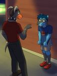  alley anthro anthrofied bottomwear clothed clothing collar duo footwear fully_clothed fuze generation_2_pokemon generation_4_pokemon hi_res houndoom looking_at_another male nervous_smile night nintendo outside pants pokemon pokemon_(species) pokemorph riolu shirt shoes shorts socks spiked_collar spikes t-shirt topwear 